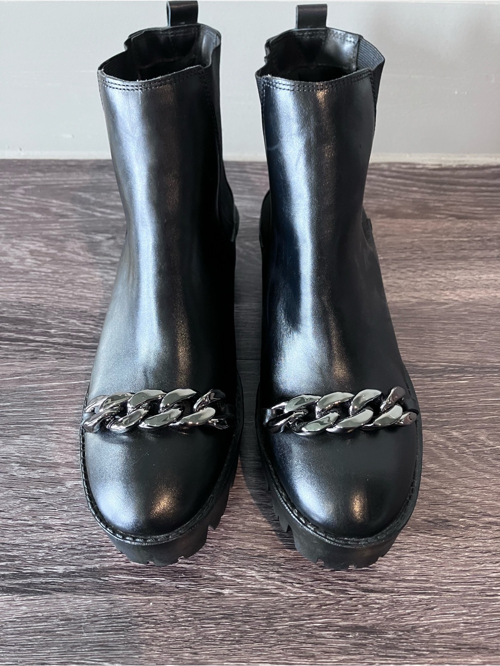 Black Leather Ankle Chelsea Boots with Silver Chain Detail